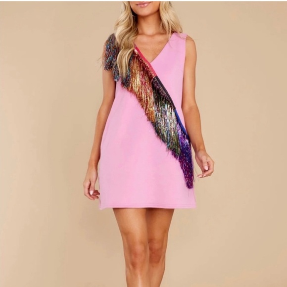 QUEEN OF SPARKLES Dresses & Skirts - QUEEN OF SPARKLES Pink One-Shoulder Fringe Mini Dress